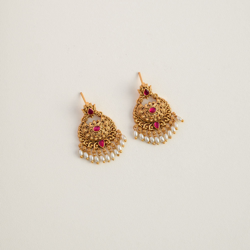 Temple designer ruby pearl Statement earring