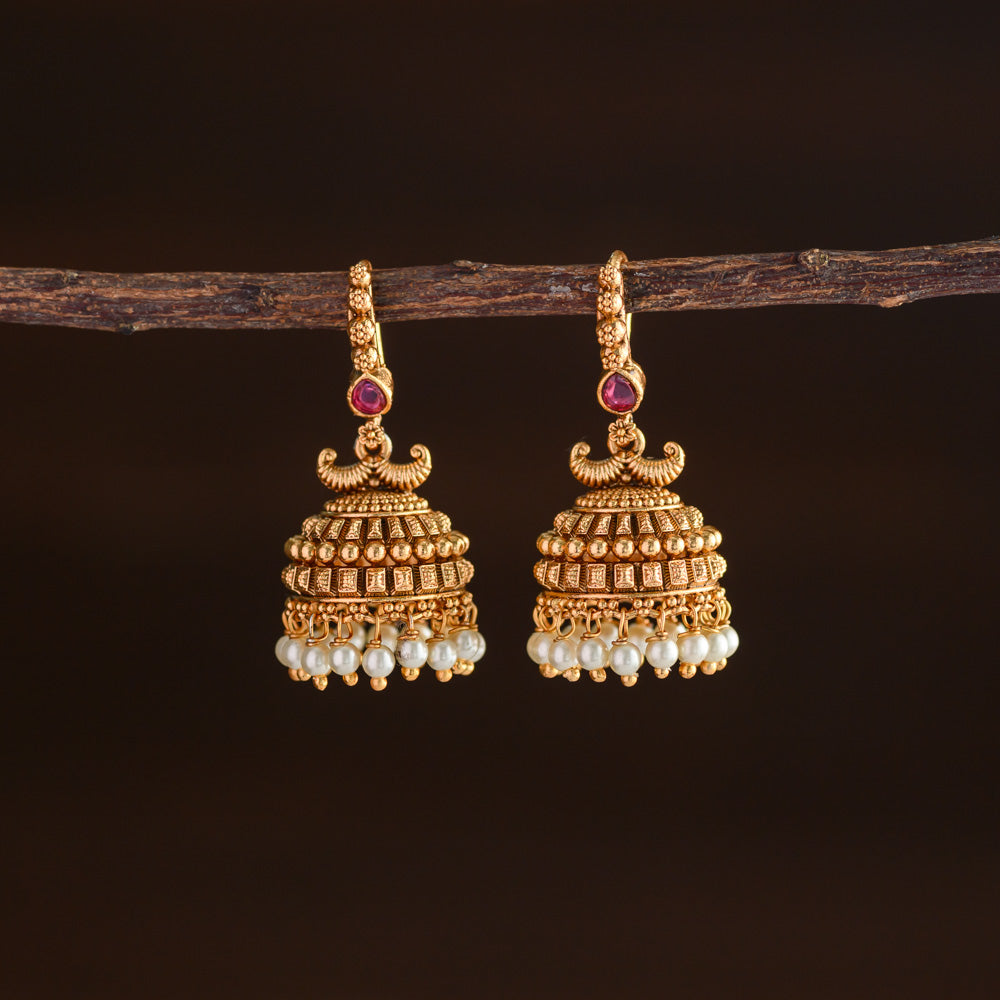Meenakari jhumka (pearl beaded) - Ruby