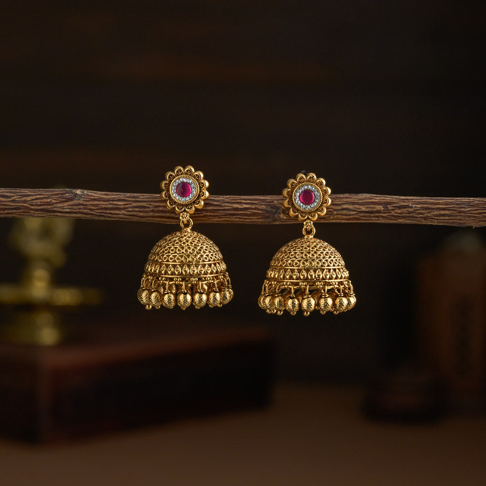 Floral Jhumkas - ruby - Kuzhal