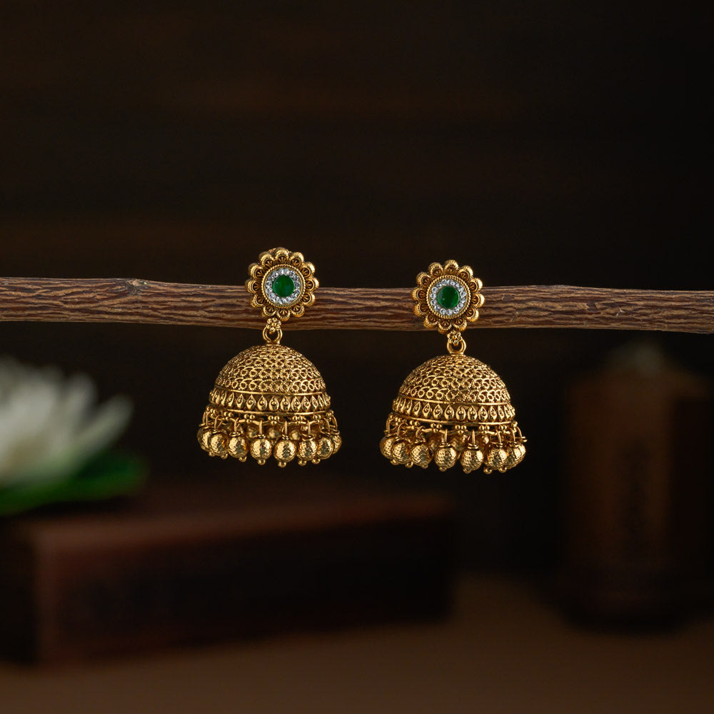 Floral Jhumkas - green - Kuzhal