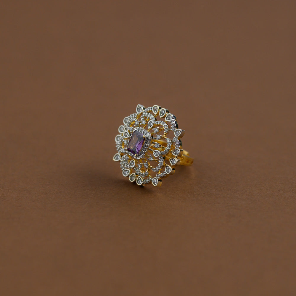 Diamond inspired statement adjustable finger ring - purple