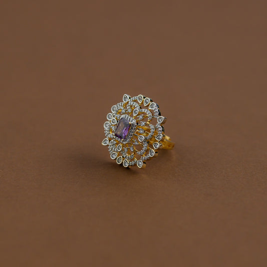 Diamond inspired statement adjustable finger ring - purple