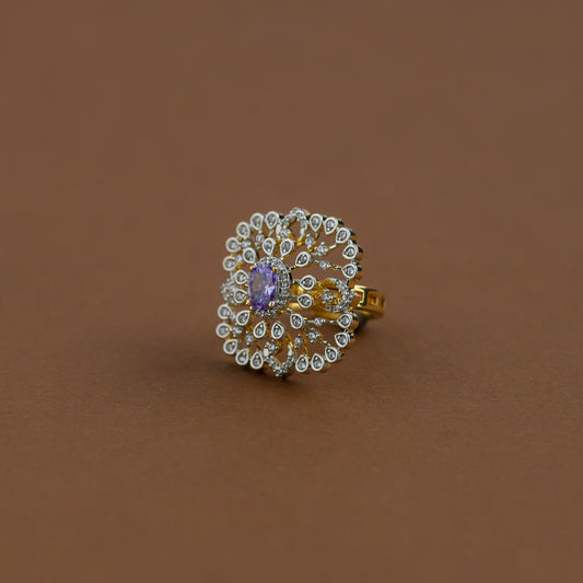 Diamond inspired statement adjustable finger ring -purple