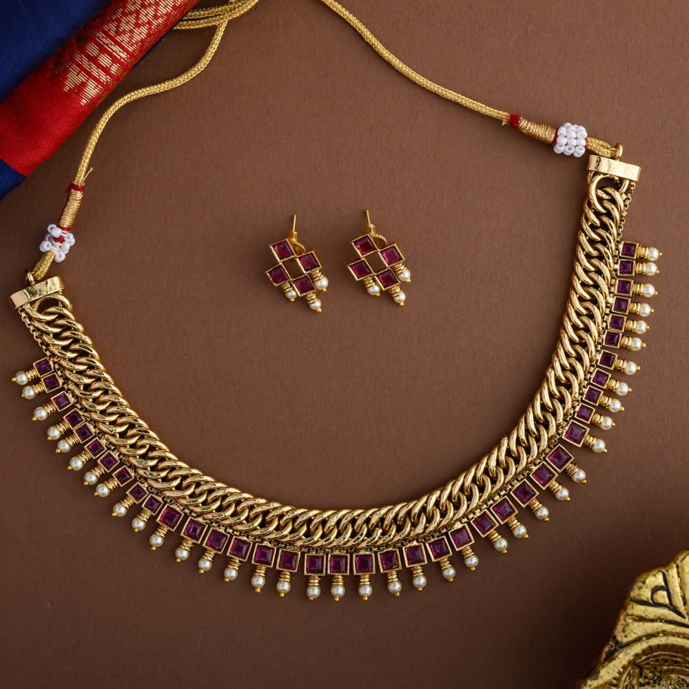 Spathi murugal real gold inspired neckpiece - ruby- sephoria
