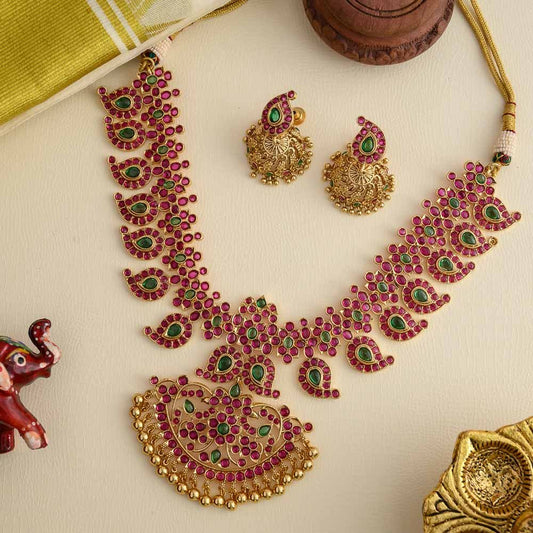 Kempu maangaz neckpiece set- mookuthi amman