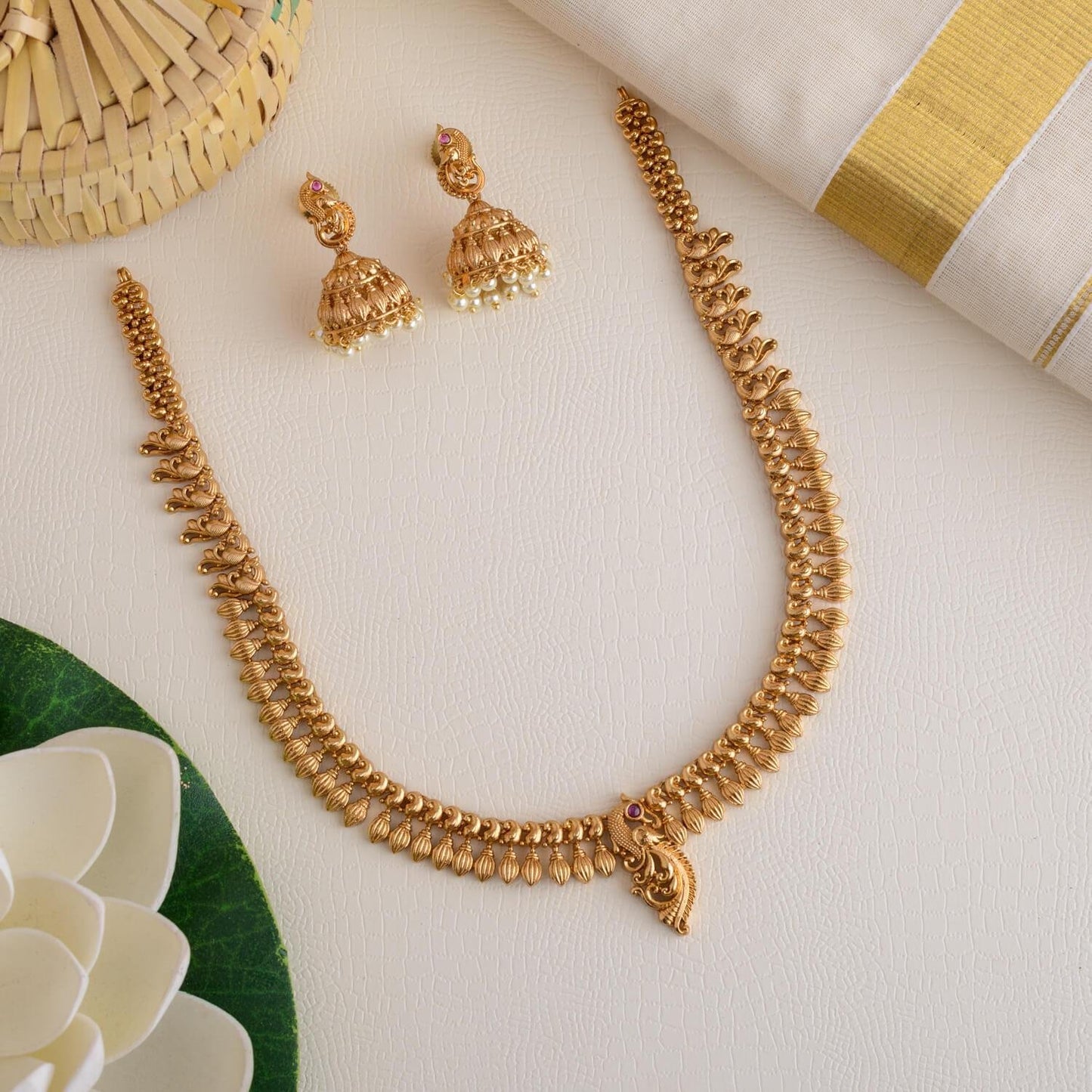 Hansi - peacock midlength neckpiece set   - Onam