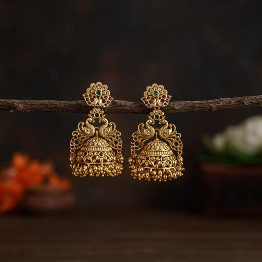 Golden peacock jhumkas - yazhi