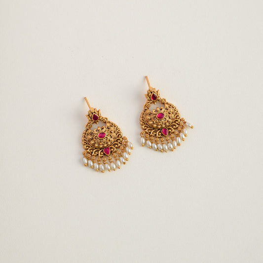 Temple designer ruby pearl Statement earring