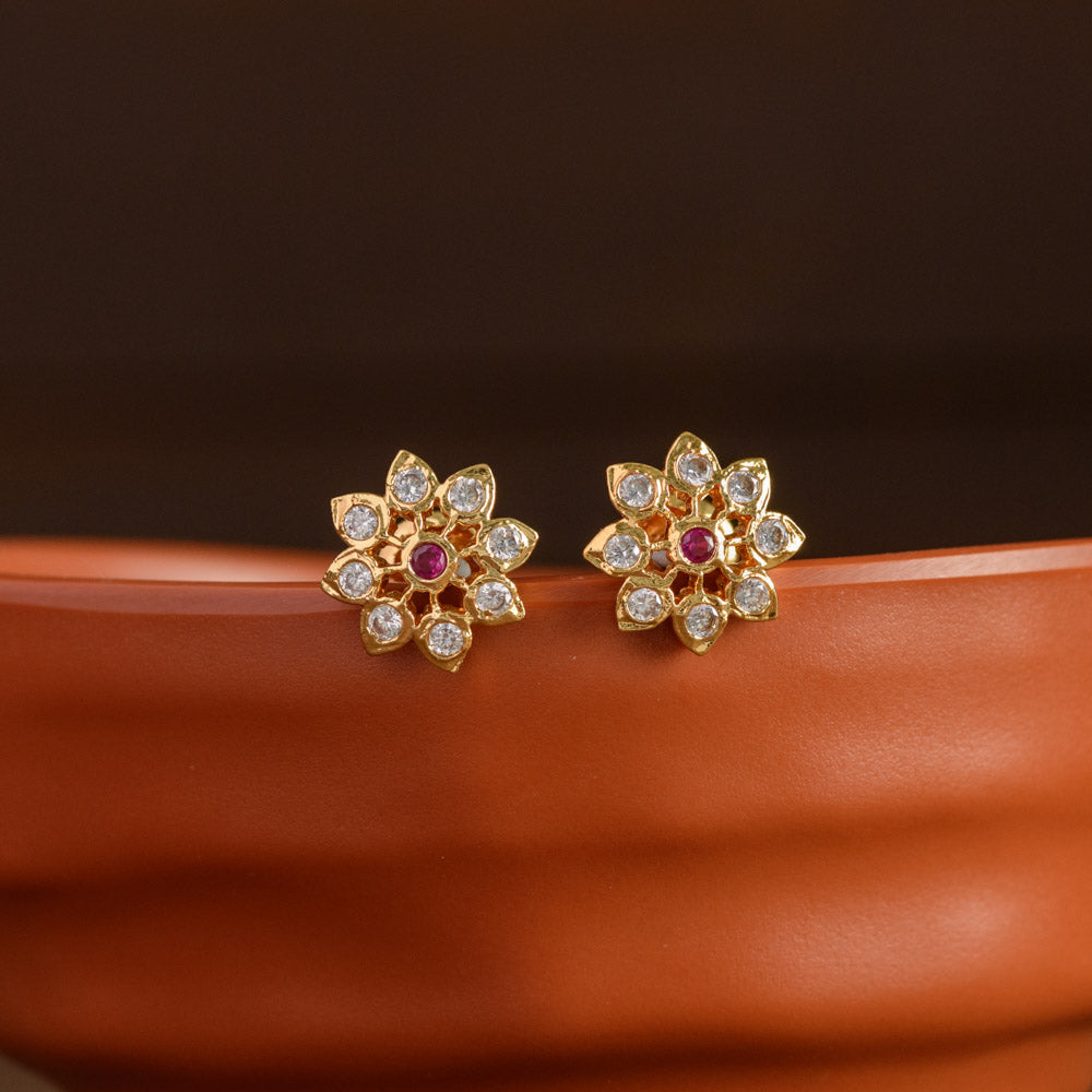 Impon White & Ruby Stone Floral Earring