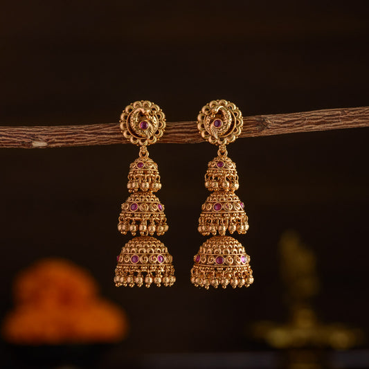 Peacock long jhumka - Ruby