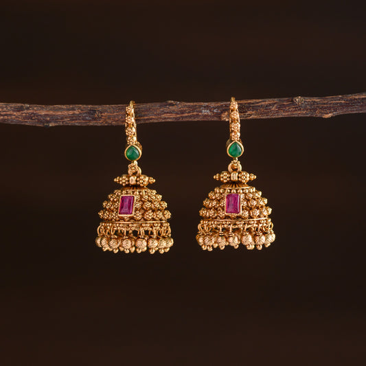 Meenakari jhumka golden ball beaded - Ruby with green