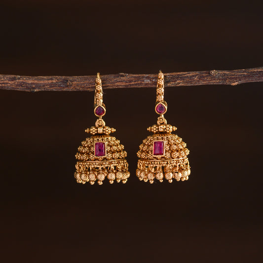 Meenakari jhumka golden ball beaded - Ruby