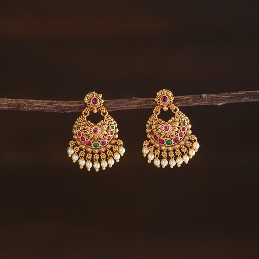 Floral  chandbali earring (pearl beaded) - Ruby with green