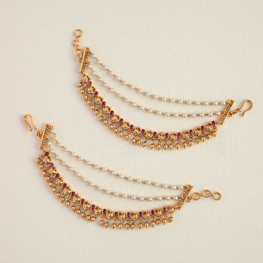 Peacock ruby Earchain (Golden ball beaded)