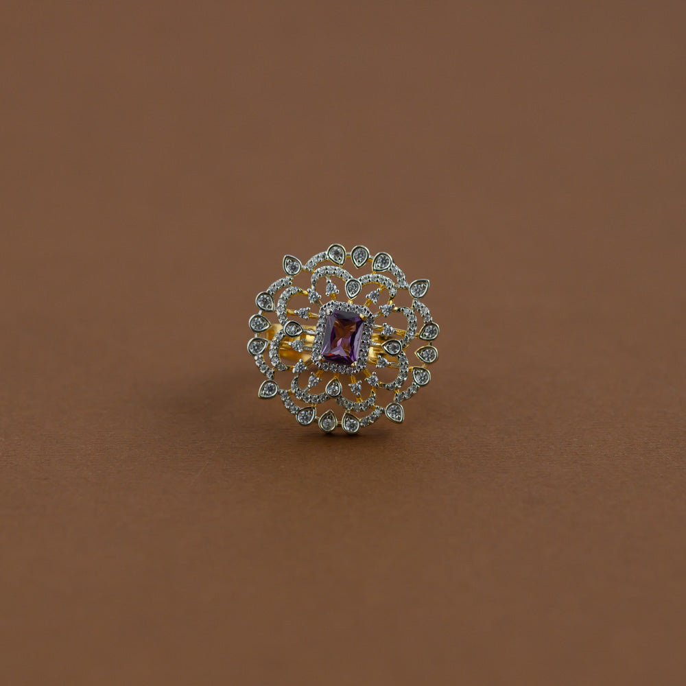 Diamond inspired statement adjustable finger ring - purple