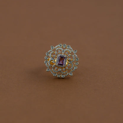 Diamond inspired statement adjustable finger ring - purple