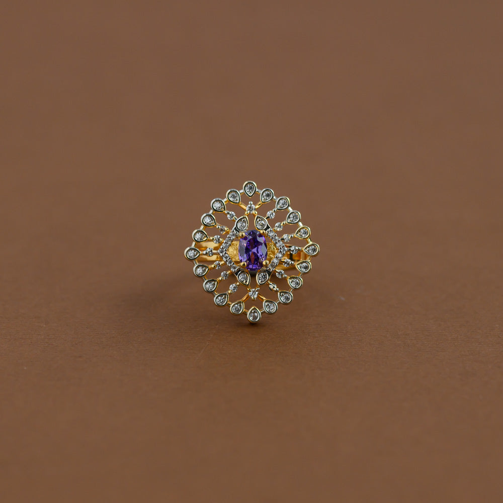 Diamond inspired statement adjustable finger ring - purple