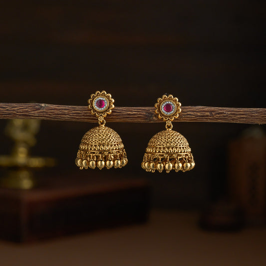 Floral Jhumkas - ruby