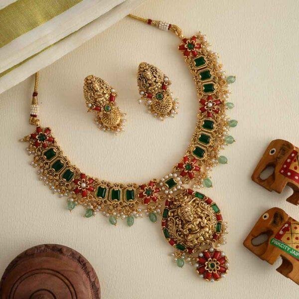 Angaraka - temple designer coral neckpiece set-Priyanka