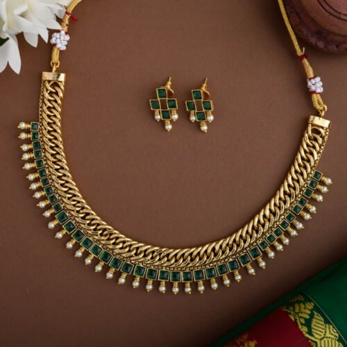 Spathi murugal real gold inspired neckpiece - green- sephoria