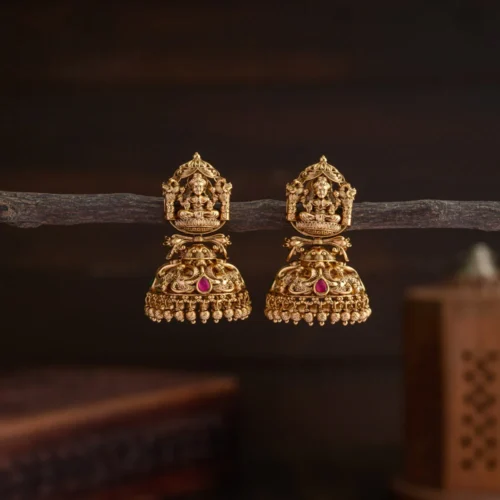 Temple designer jadau jhumka- Green with ruby
